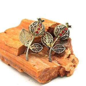 Two Filigree Silver-plate Pomegranate Thistle with Red Rhinestone Brooches.